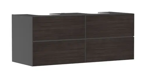 Schwarzer Waschtischunterschrank mit vier Schubladen, passend für zwei Aufsatzwaschtische, von Hansgrohe, schlichtes Design ohne sichtbare Griffe.